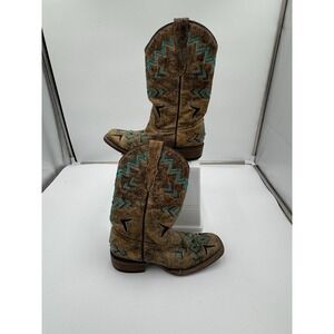 Corral Teens Tan Bronze and Turquoise Square Toe Western Boots Cowgirl Sz 5